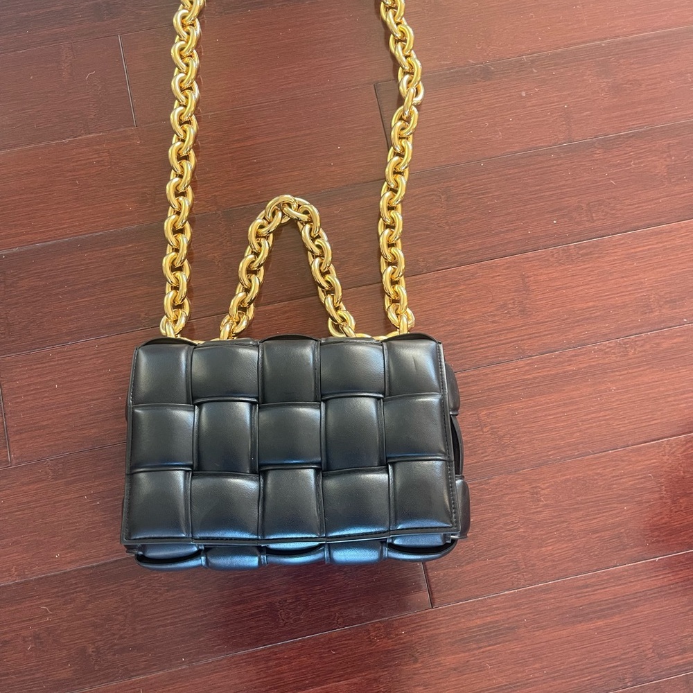 Bottega Veneta Black Woven Shoulder Bag with Gold Chain